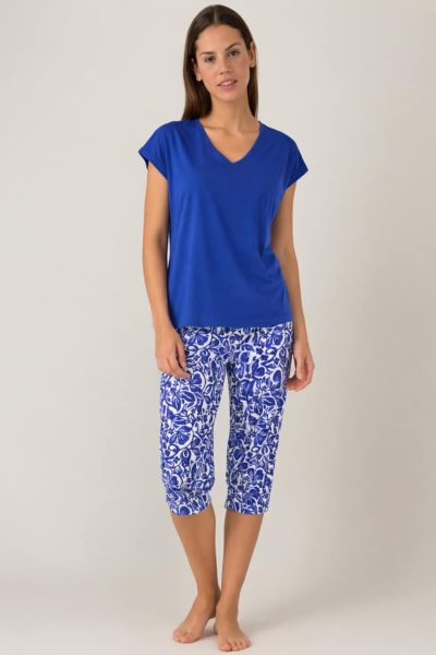Εικόνα της Noidinotte Βαμβακερή Μπλε Κοντομάνικη Γυναικεία Πιτζάμα & Εμπριμέ Κάπρι.