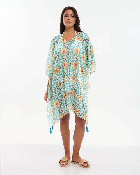 Εικόνα της Ble Resort Collection Τιρκουάζ Καφτάνι Με Κίτρινα Λουλούδια.