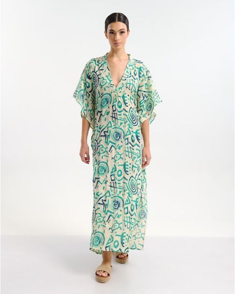 Εικόνα της Ble Resort Collection Μακρύ Καφτάνι Εκρού/Πράσινο.