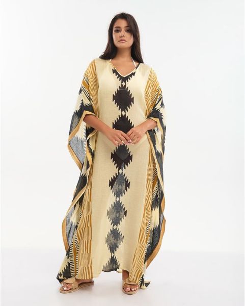 Εικόνα της Ble Resort Collection Καφτάνι Μακρύ Μπεζ/Μαύρο.