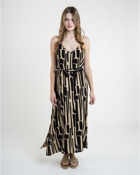 Εικόνα της Ble Resort Collection Maxi Φόρεμα Αμάνικο Μπεζ/Μαύρο.