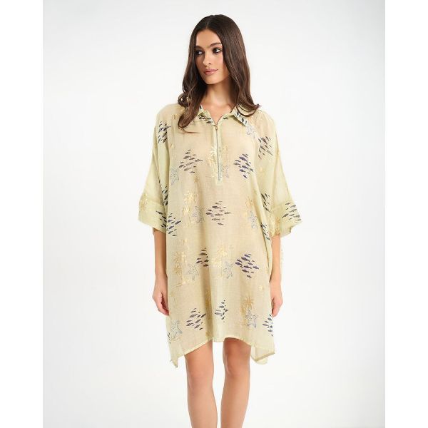 Εικόνα της Ble Resort Collection Λαδί Καφτάνι Με Χρυσά/Μπλε Σχέδια.