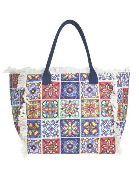 Εικόνα της Ble Resort Collection Μπλε Εμπριμέ Υφασμάτινη Τσάντα Θαλάσσης Με Φερμουάρ.