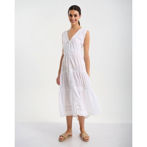 Εικόνα της Ble Resort Collection Λευκό Αμάνικο Μακρύ Φόρεμα Με Κέντημα Στο Τελείωμα.