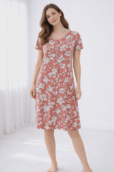 Εικόνα της Passion Κεραμιδί Κοντομάνικο Γυναικείο Νυχτικό Με 4 Κουμπιά .