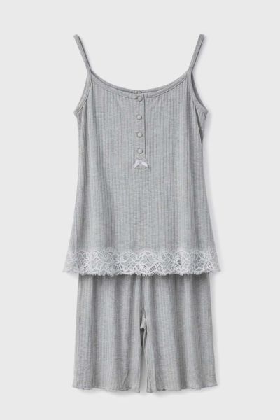 Εικόνα της Passion Viscose Γυναικεία Πιτζάμα Rib Γκρι Με Βερμούδα.