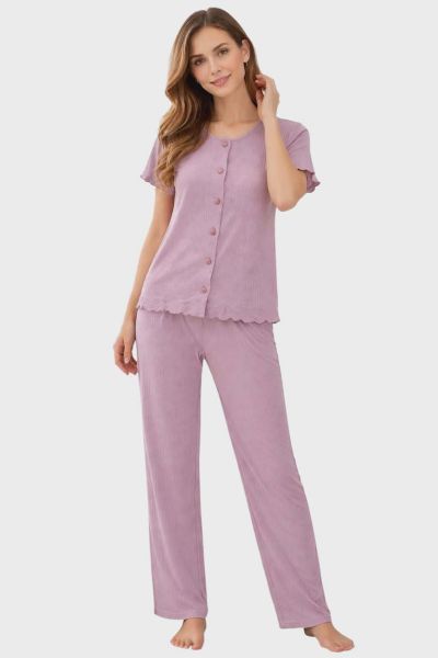 Εικόνα της Passion Λιλά Rib Κουμπωτή Γυναικεία Πιτζάμα Με Μακρύ Παντελόνι.