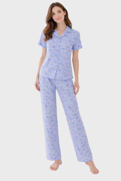 Εικόνα της Passion Βαμβακερή Ποπλίνα Γυναικεία Κουμπωτή Πιτζάμα Λιλά Φλοράλ Με Μακρύ Παντελόνι.