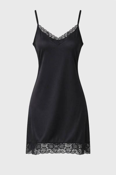 Εικόνα της Elite Viscose Ελαστικό Μαύρο Γυναικείο Νυχτικό Με Δαντέλα.