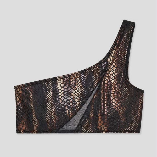Εικόνα της Bluepoint Μαύρο/Καφέ Snake Print Bikini Top Με Έναν Ώμο & Διαφάνεια.