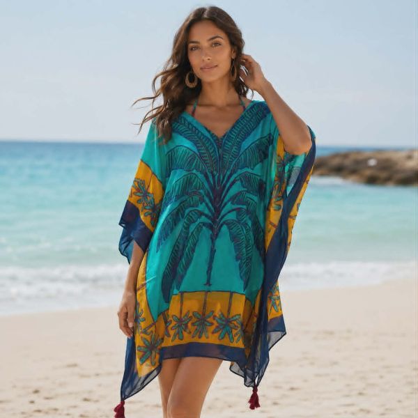 Εικόνα της Ble Resort Collection Τιρκουάζ Εμπριμέ Βαμβακερό Καφτάνι.